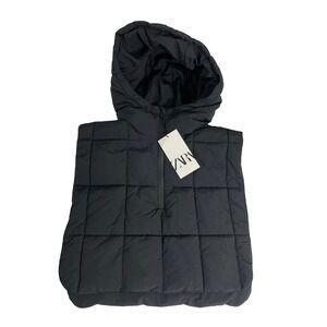 NWT ZARA Quilted Puffer Dickey Hooded Bib MEDIUM Open Sides Layering Piece Black